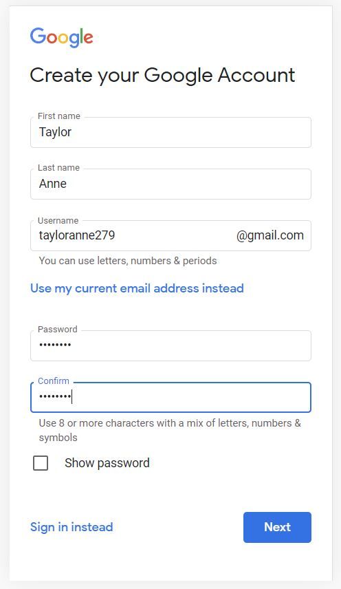 screen 1 create gmail account